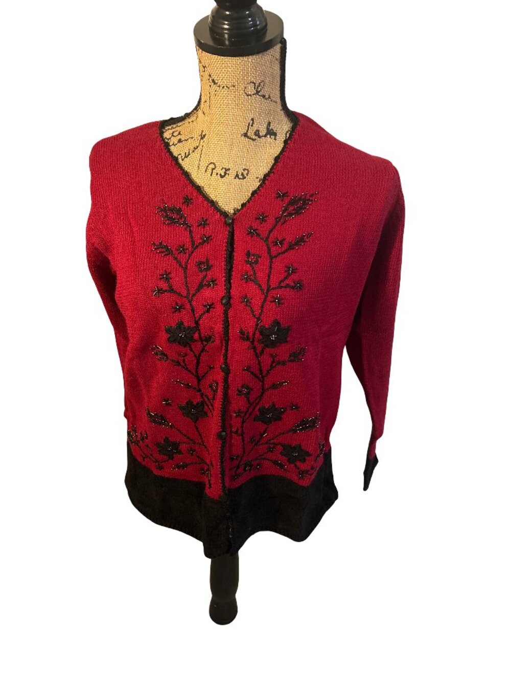 VTG NWT Y2K Coldwater Creek Cardigan Small Red Black Floral Beaded Embellished